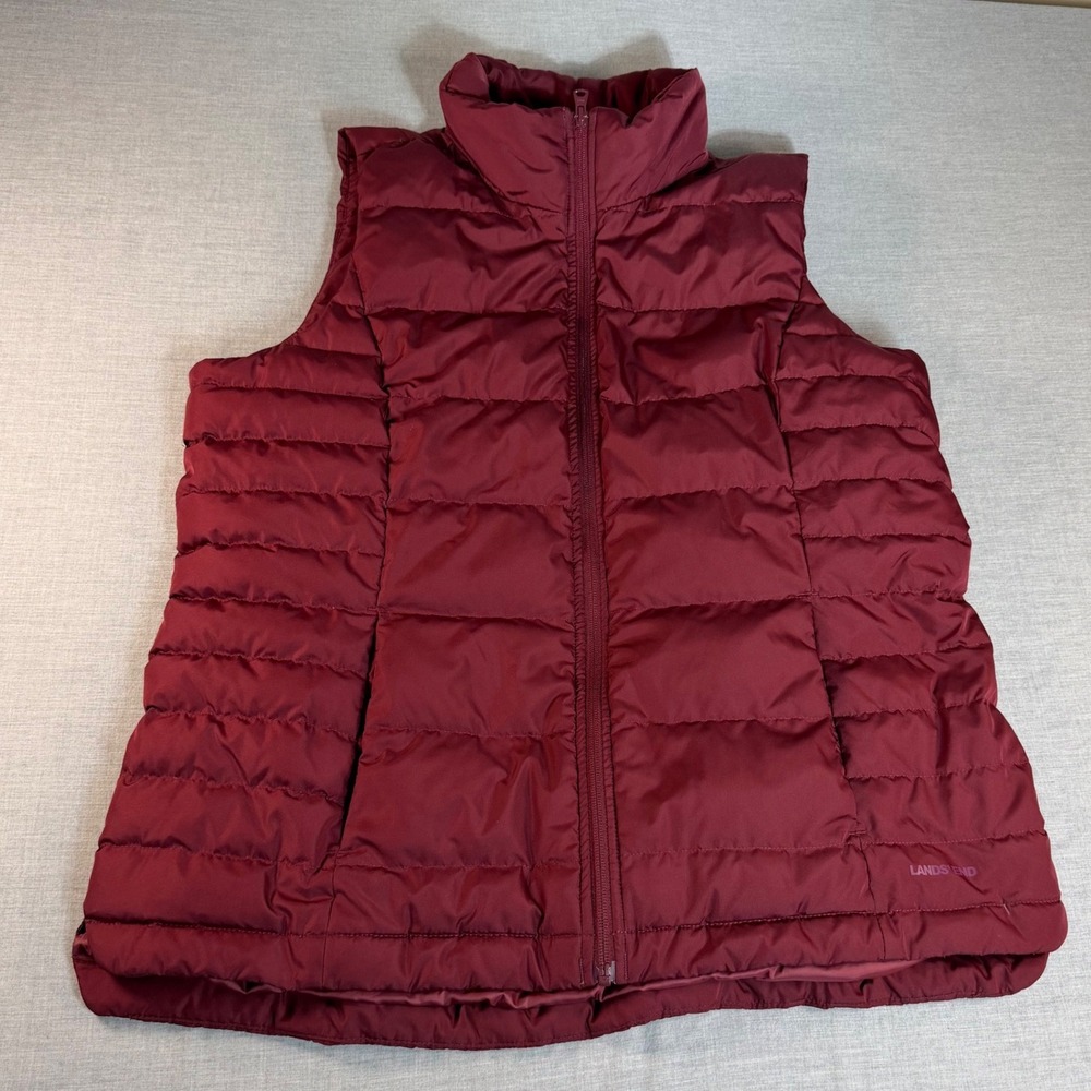 Lands End Womens Burgundy Down Puffer Vest Large Tall 14-16 Quilted Full Zip